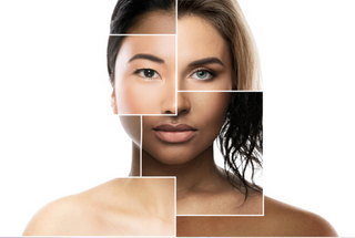 Image d'une femme avec différentes textures de peau et cheveux, divisée en sections pour illustrer la diversité des types de peau et des cheveux.